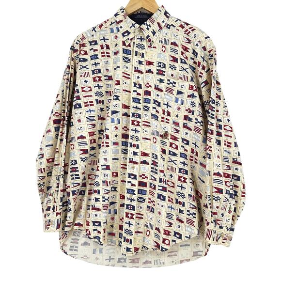 VTG Y2K Tommy Hilfiger Men Button Up Medium Nautical Flag Sailing Coastal Preppy - Picture 1 of 7